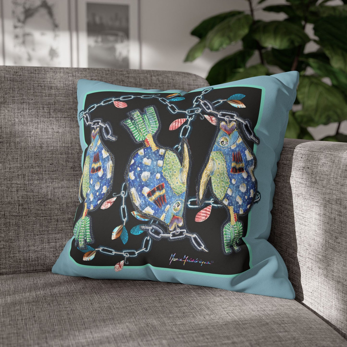 Fishing Faux Suede Pillowcase — Colorful Folk Art fish by artist Marie Frederique