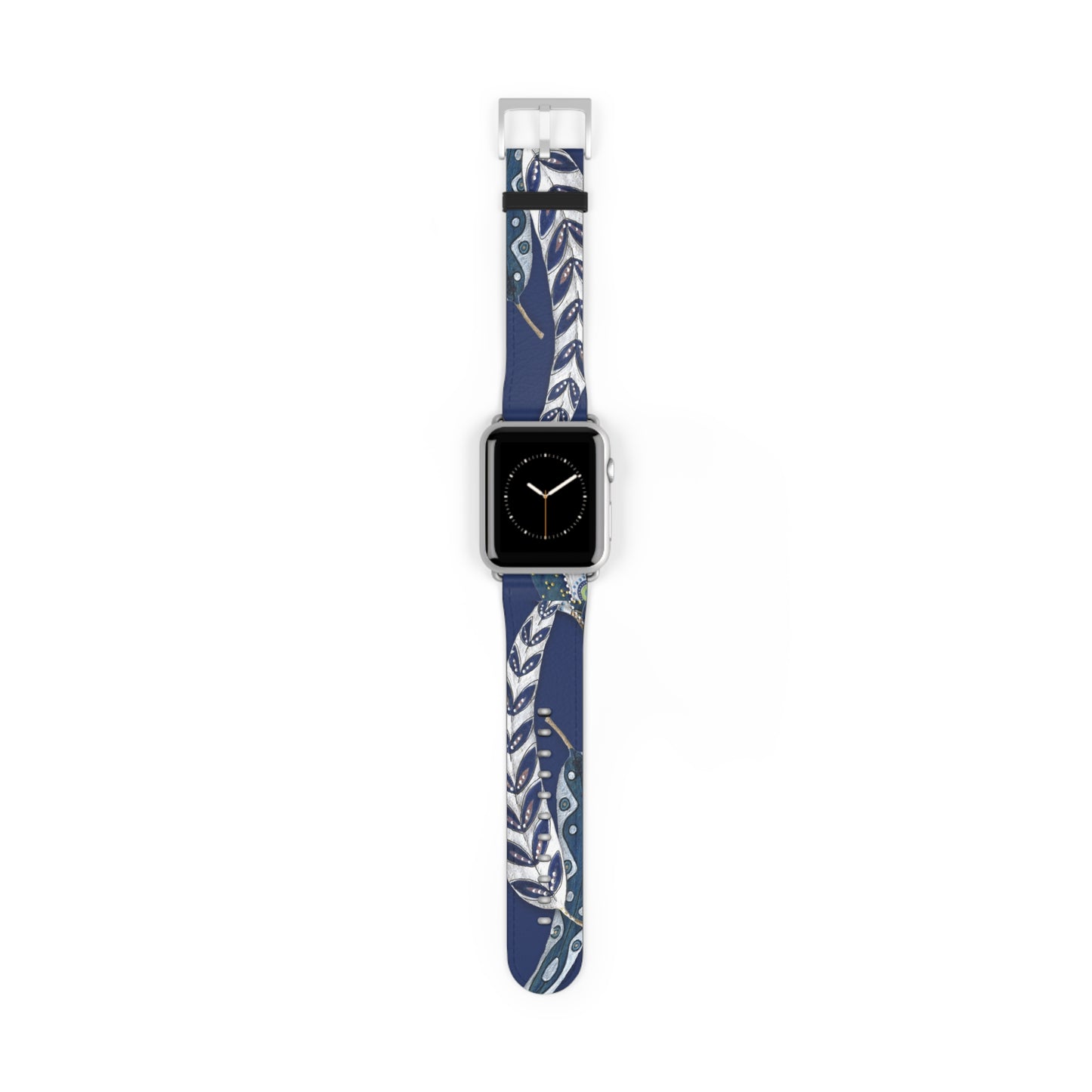 Blue Planet Series, Navy and White painted leaves on faux leather Watch Band by artist Marie Frederique