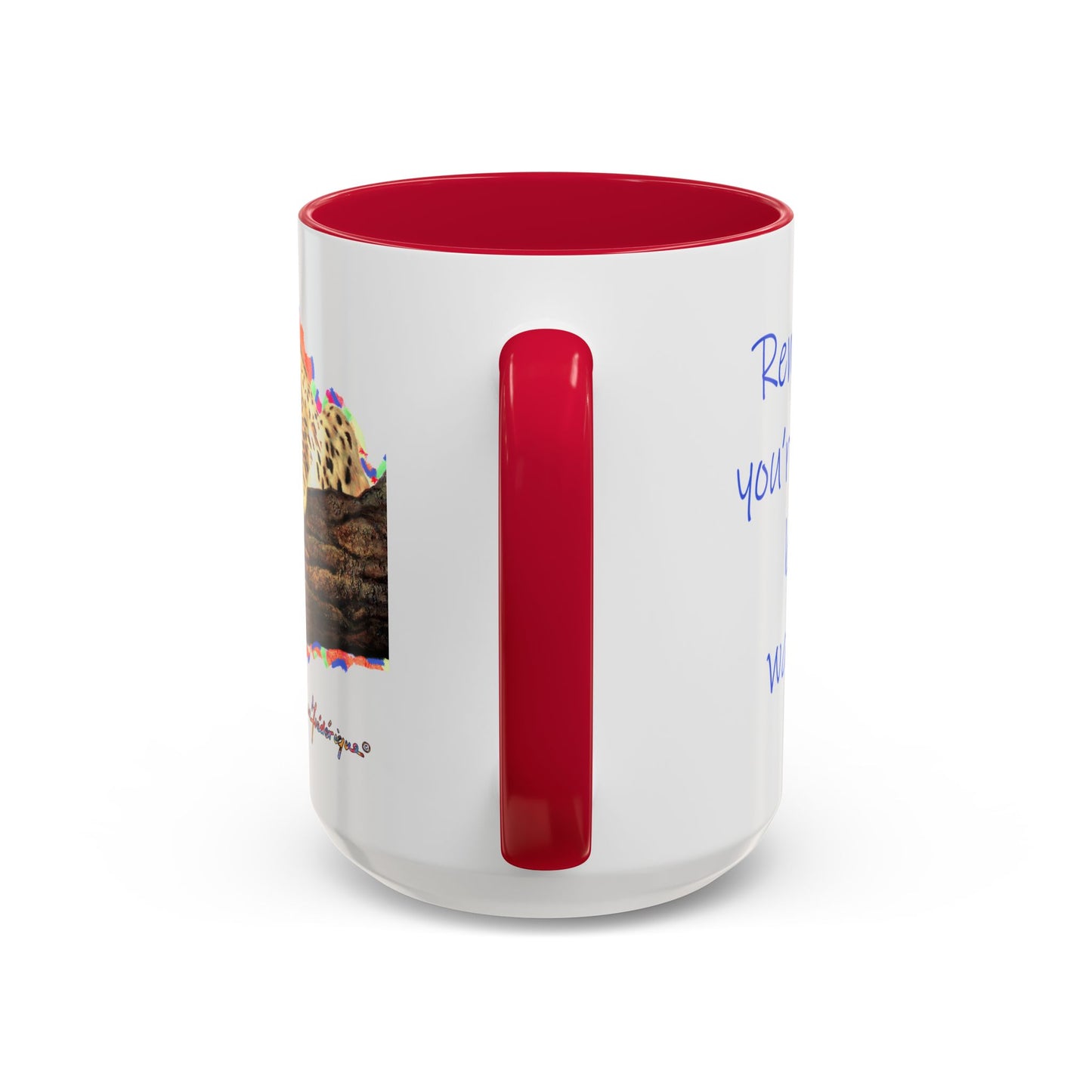 Leopard in a tree, "Remember, you're always being watched!" Mug by Artist Marie Frederique