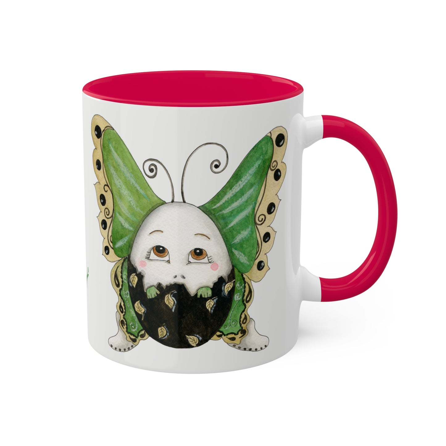 Whimsical Egg Butterfly 2 "Fly, baby fly", Colorful Mugs in black, red and green, 11oz by Artist Marie Frederique