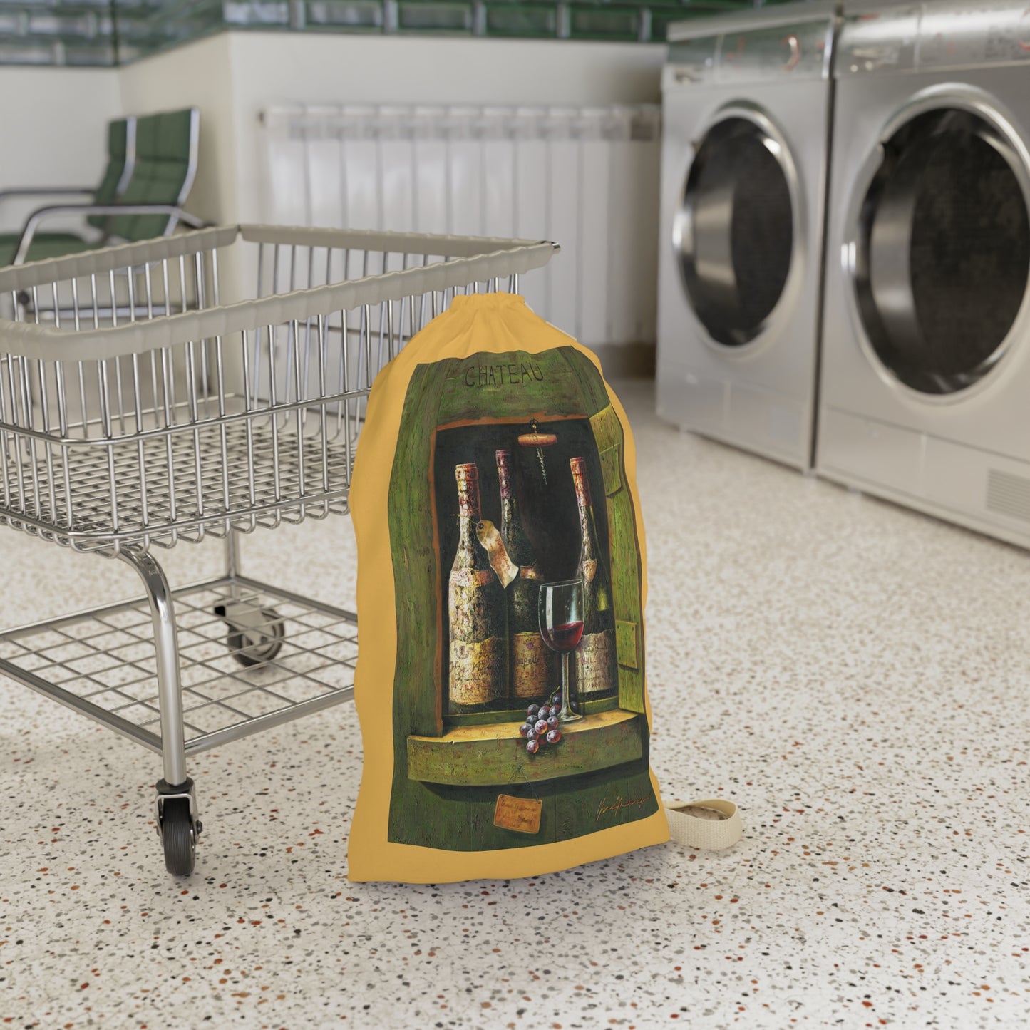 Wine Chateau Laundry Bag — Rustic Wine Bottle & Glass Print by artist Marie Frederique