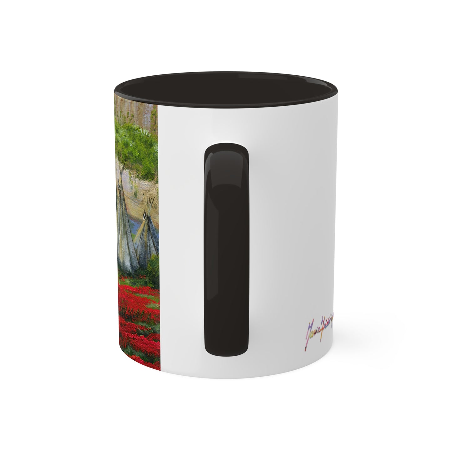 Indian Summer teepees and Poppies with a backdrop of canyons in 4 colors, red, black, yellow and light green - Colorful Mug, 11oz By Artist Marie Frederique