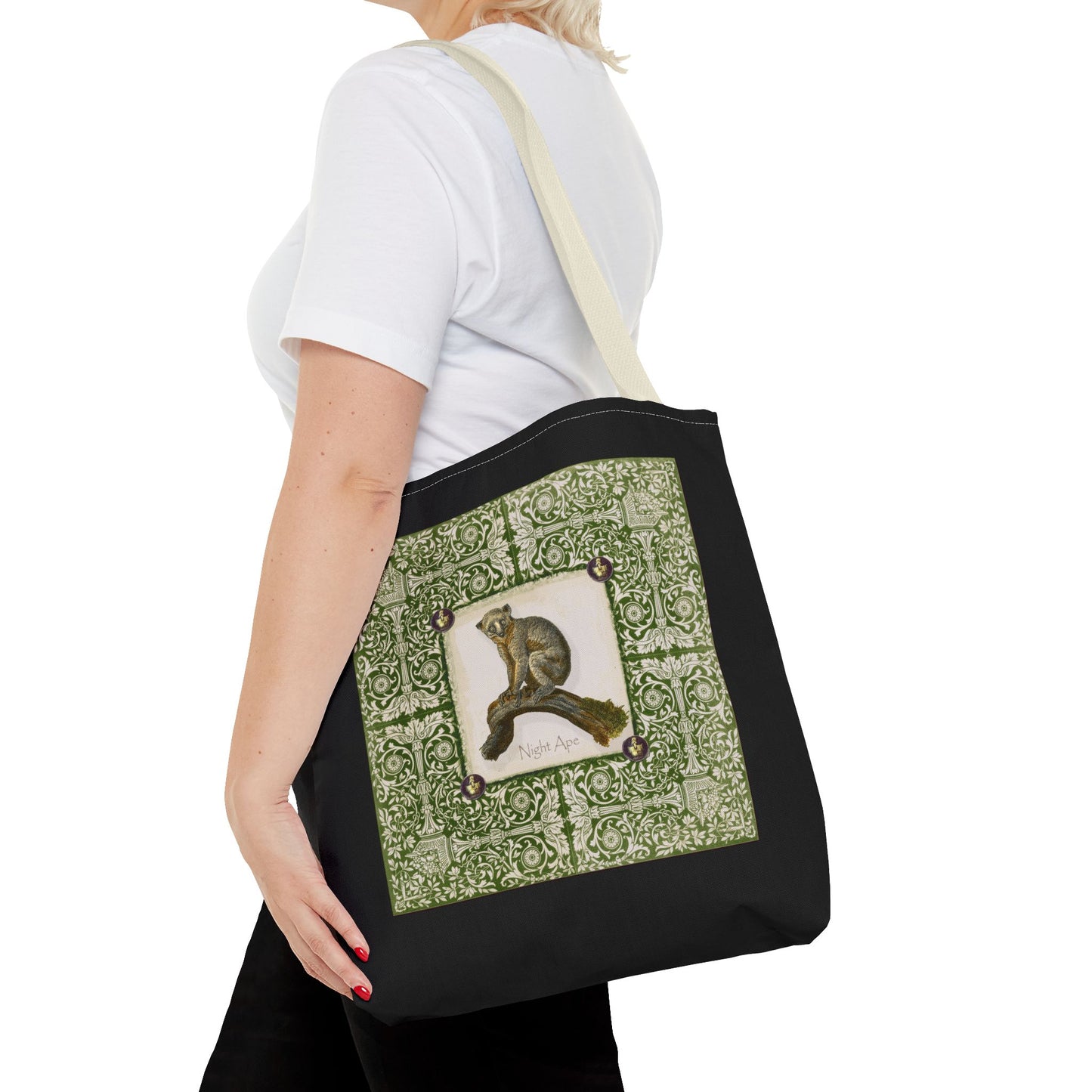 Bush Baby (Pookie), green on black Tote Bag by artist Marie Frederique