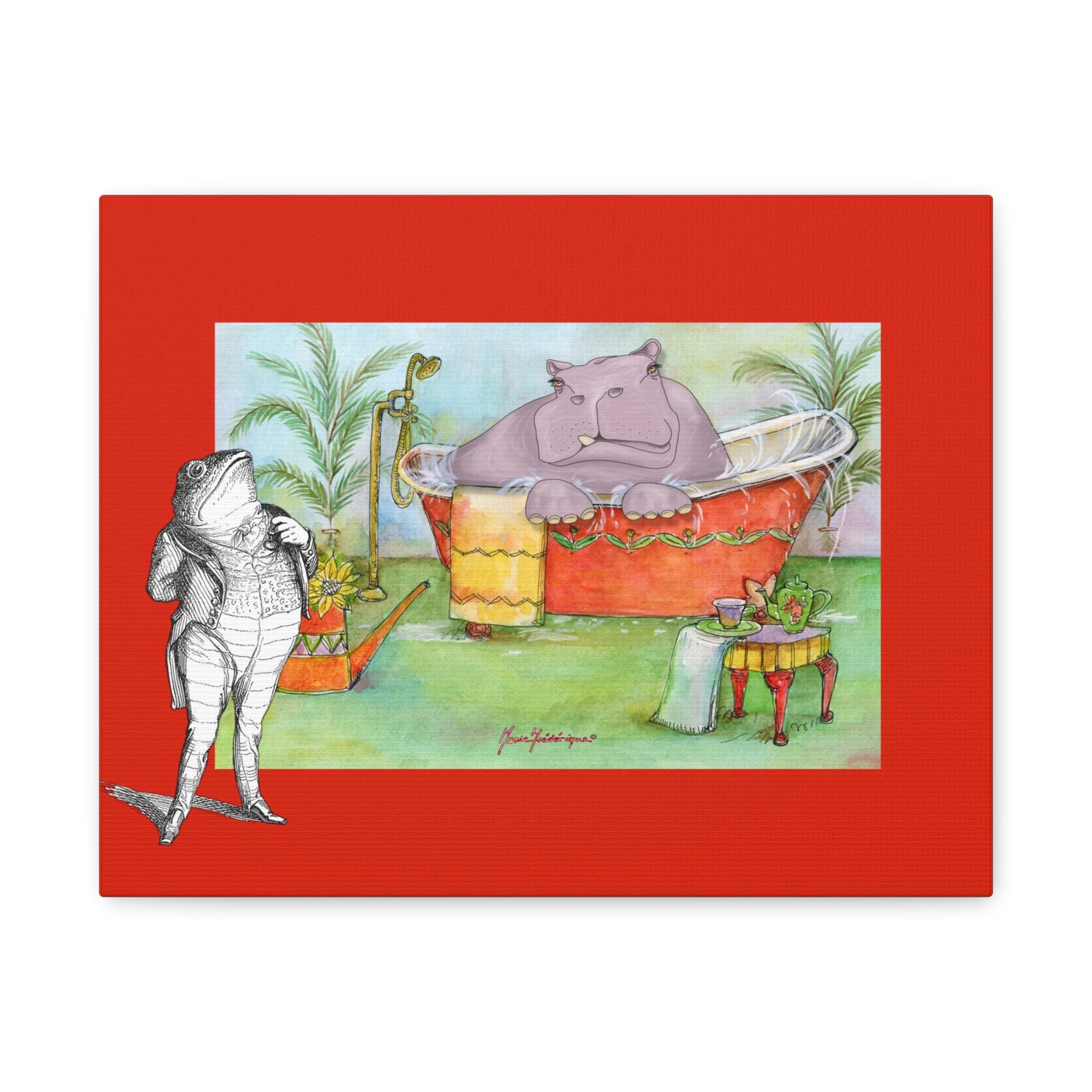 Hippo in Bathtub Canvas Wall Art – Whimsical Animal Bathroom Decor by artist Marie Frederique