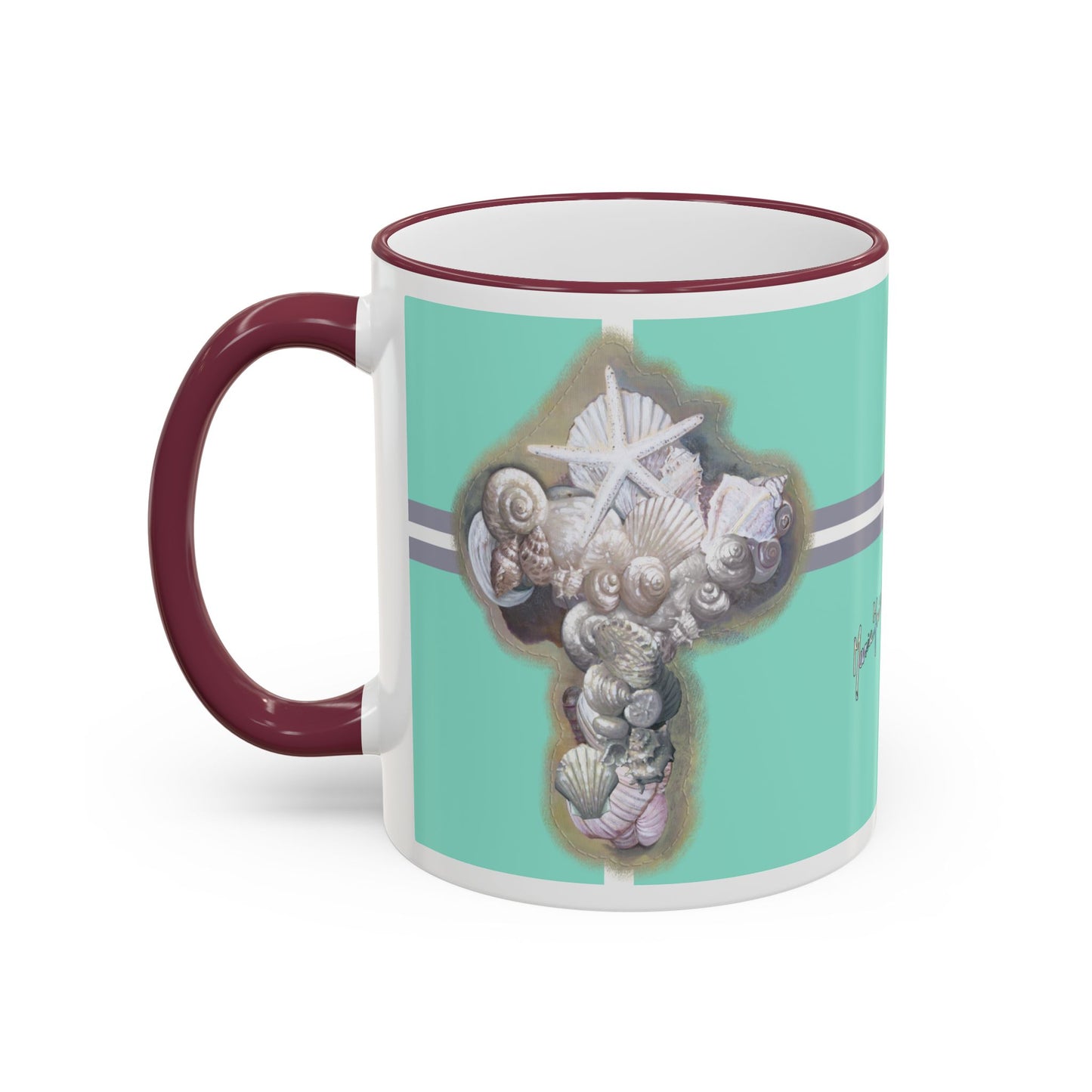 Seashell Cross, Accent Rim Mug — Christian Coffee Cup (11oz/15oz) by artist Marie Frederique
