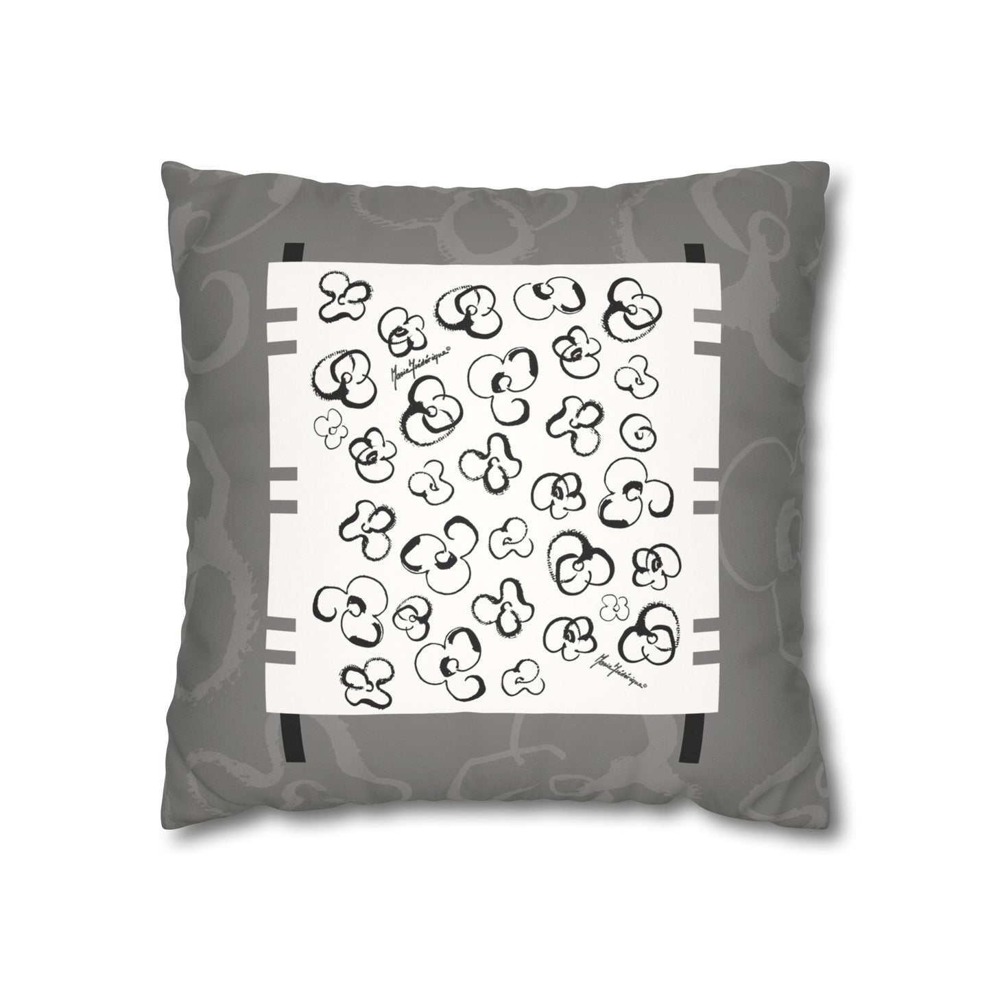 Black, White and Gray Floral Pop Art Faux Suede Pillowcase by artist Marie Frederique