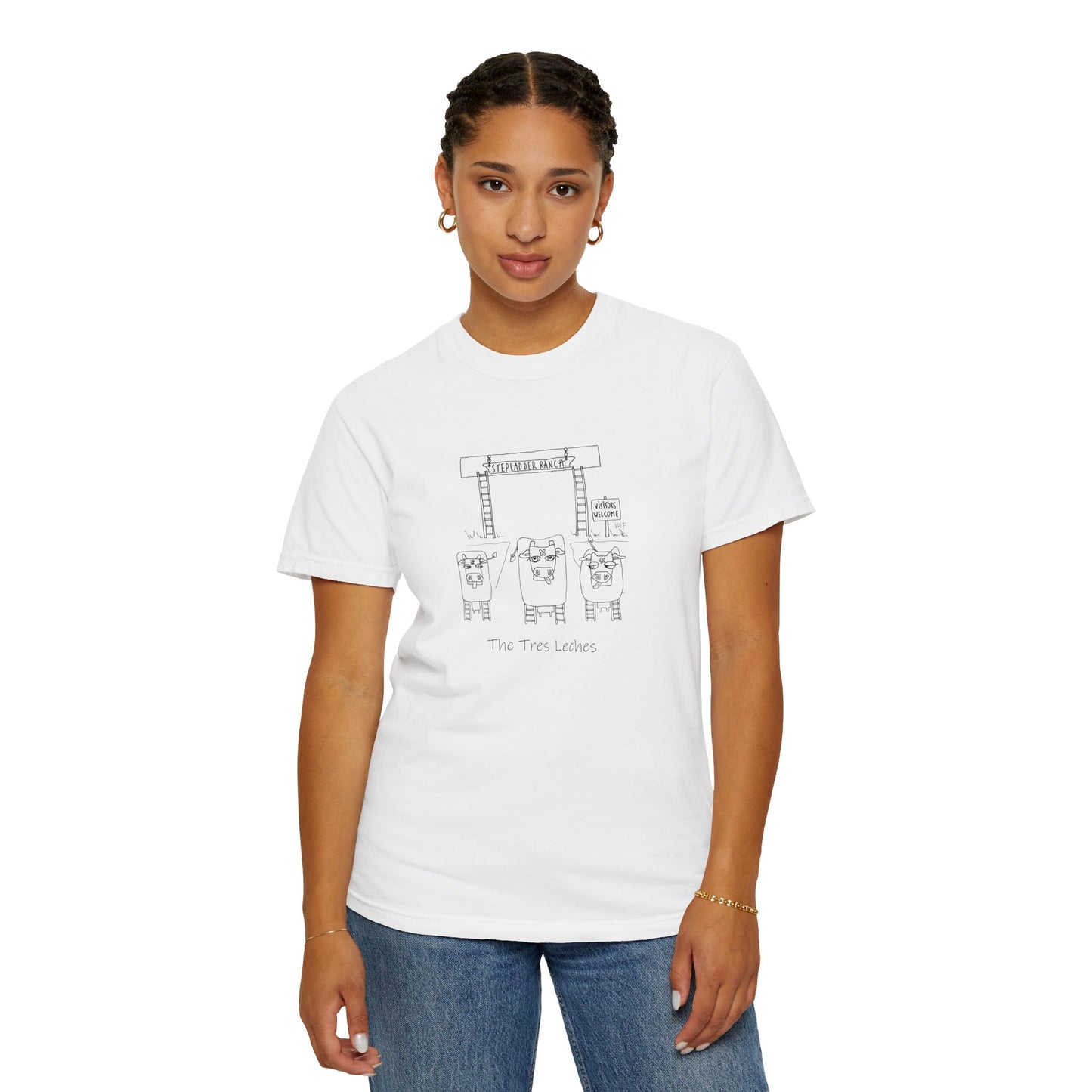 A Tres Leches Whimsical Stepladder Ranch Cows, in 6 colors - Unisex Garment-Dyed T-shirt by artist Marie Frederique