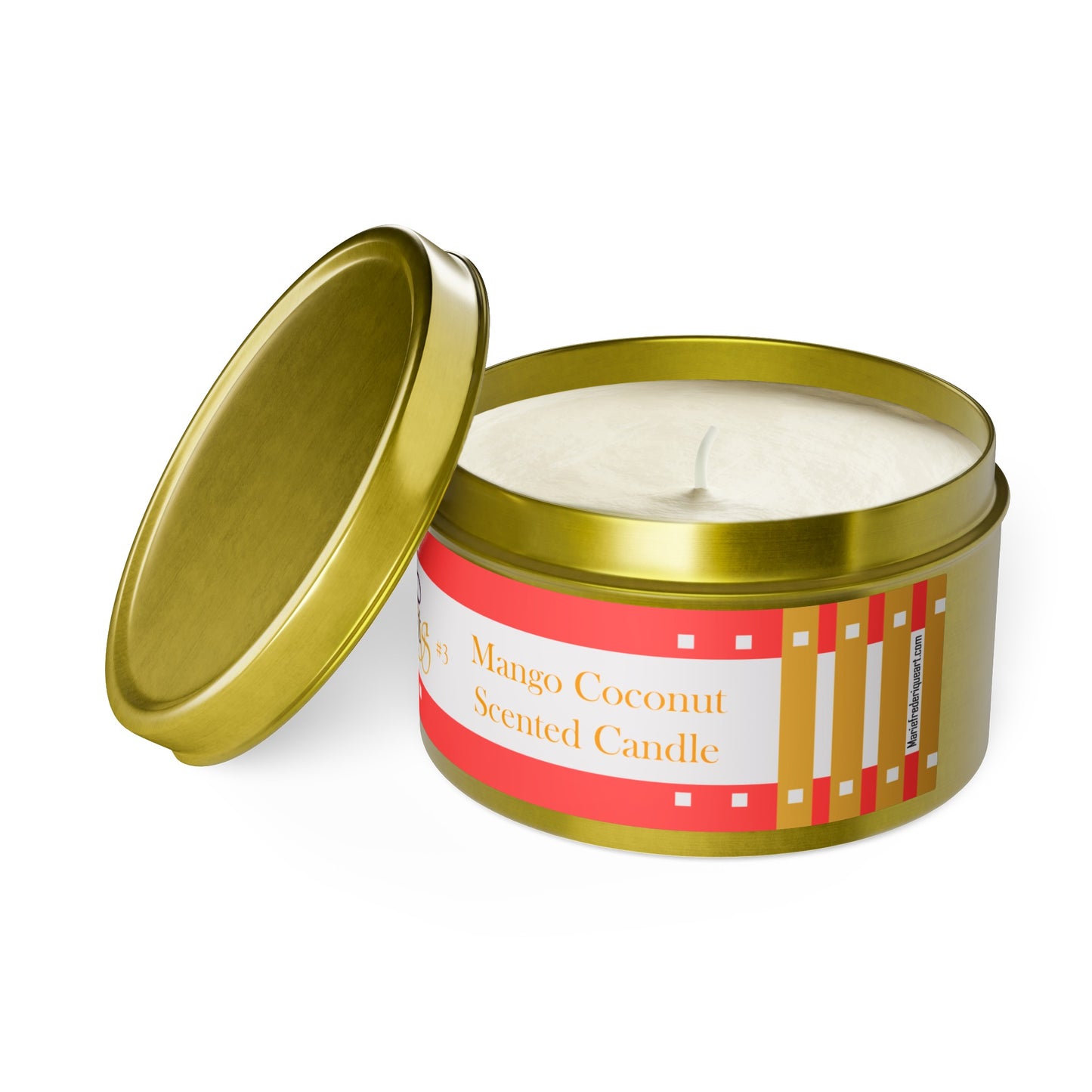 CTS #3 Candle Collection, "Mango Coconut" Scented Coconut Soy Wax Candle in a metal tin. 4 oz or 8 oz, 3 tin colors silver, black or gold