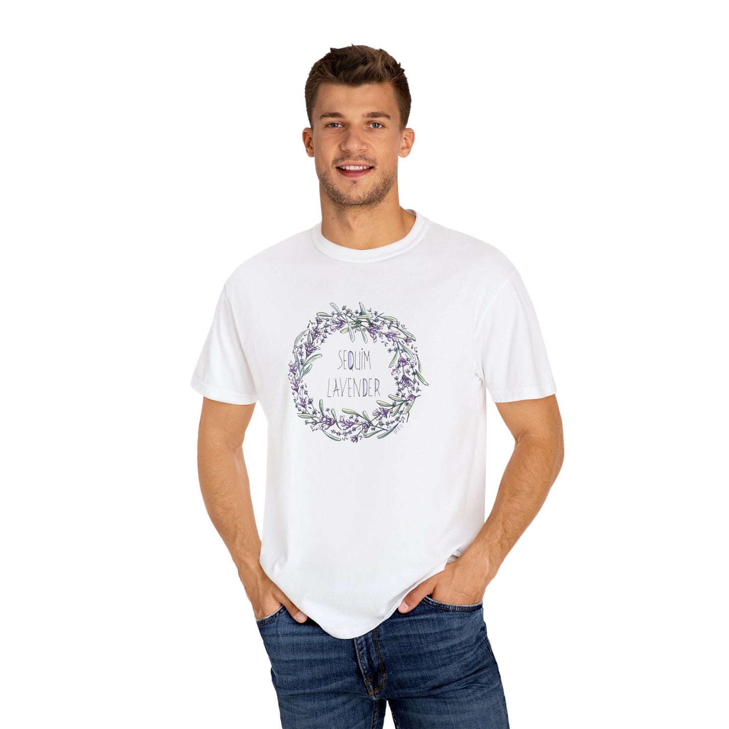 Lavender Wreath, Sequim WA - Unisex Garment-Dyed T-shirt by artist Marie Frederique