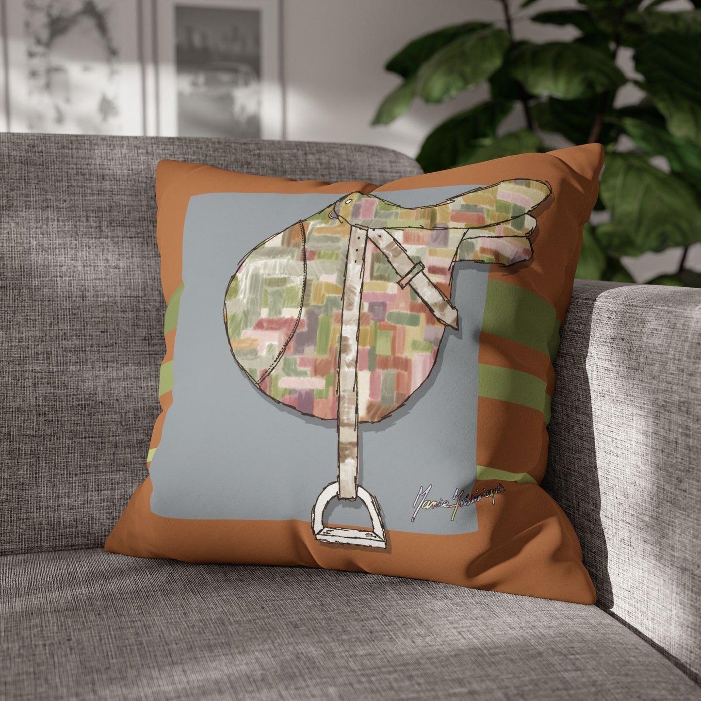 Equestrian Patchwork Saddle Faux Suede Throw Pillow cover by artist Marie Frederique