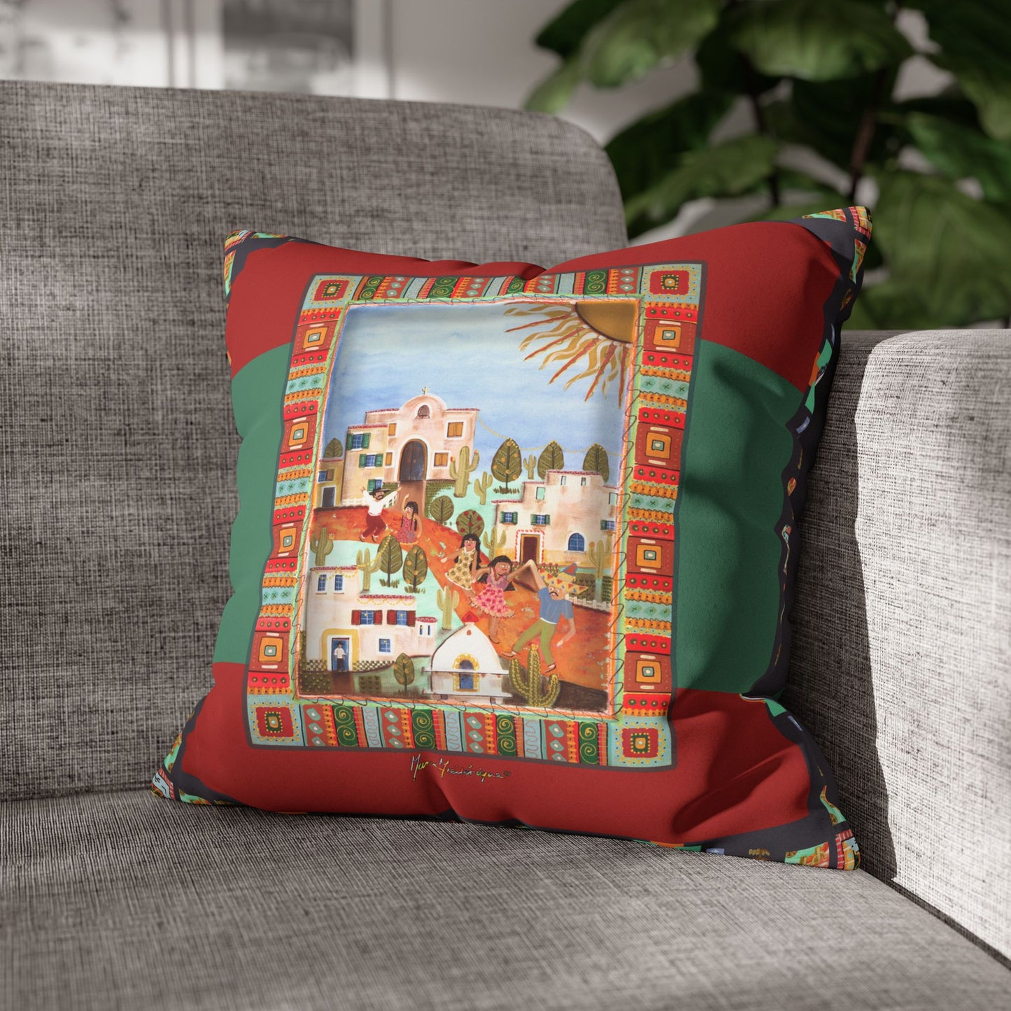 Fiesta Village, Art Decorative Throw Pillow Cover by artist Marie Frederique