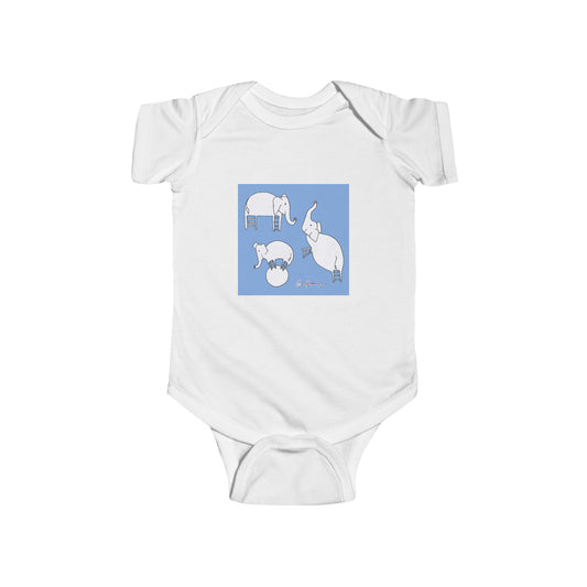 Step Ladder Animals Collection - 3 white Elephants on a blue background, Infant Fine Jersey Bodysuit by Artist Marie Frederique