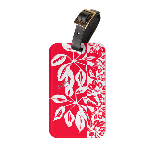 Luggage Tag, Tropical Leaves in Red and White by artist Marie Frederique