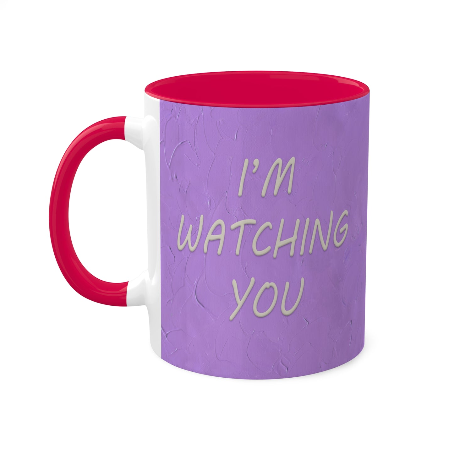 Leopard in a tree, "I'M WATCHING YOU" - Colorful Mug in 4 colors Red, Yellow, Light Green and Pink 11oz By Artist Marie Frederique