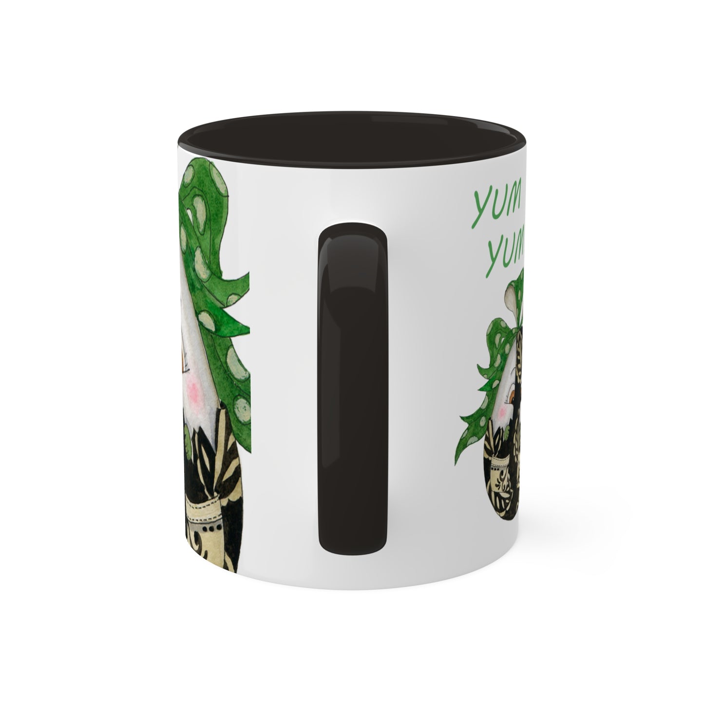 Whimsical Egg Wrap 4 "Yum Yum", Colorful Mug in black, red or light green, 11oz by Artist Marie Frederique