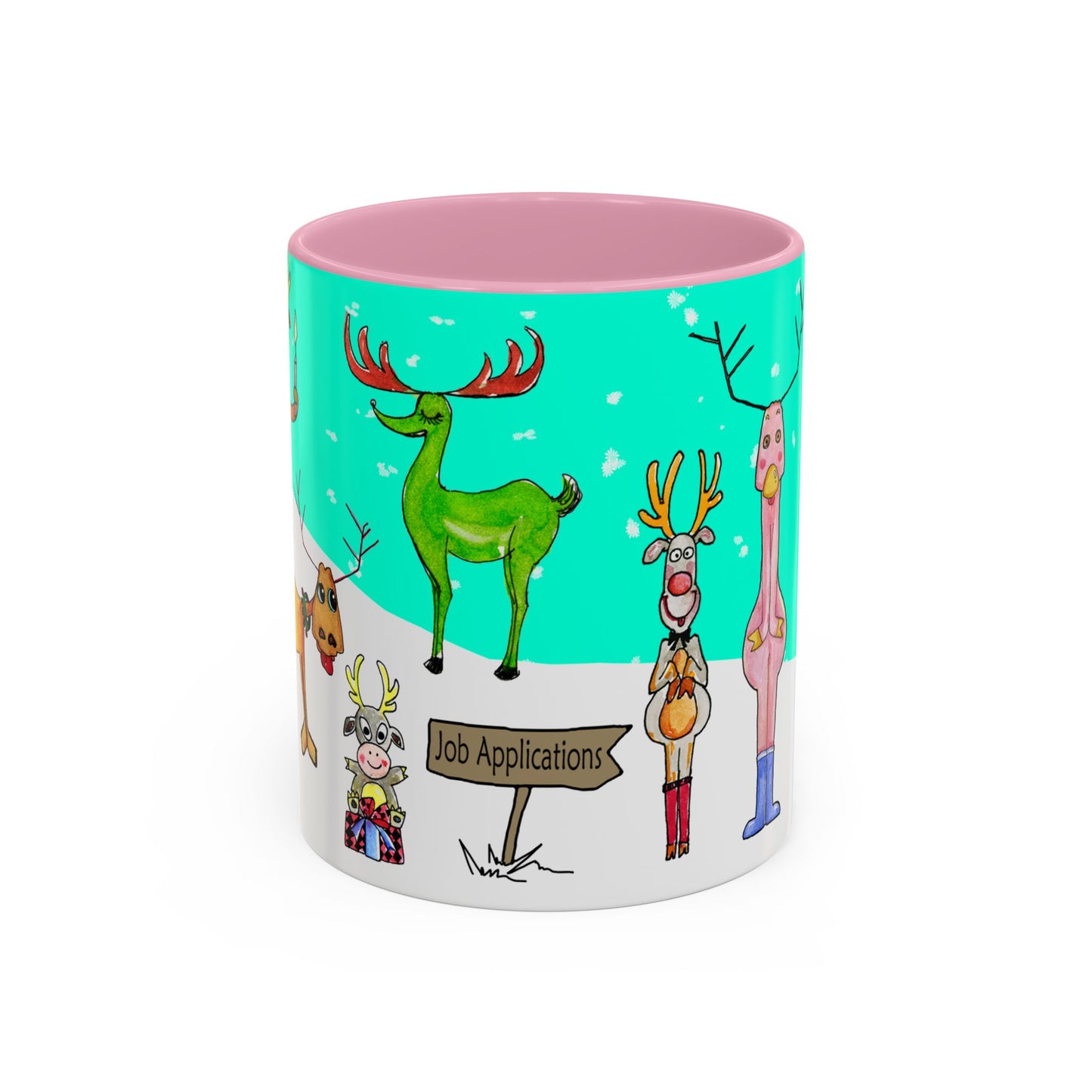 Santa's Job application line up, Christmas Mug, by artist Marie Frederique