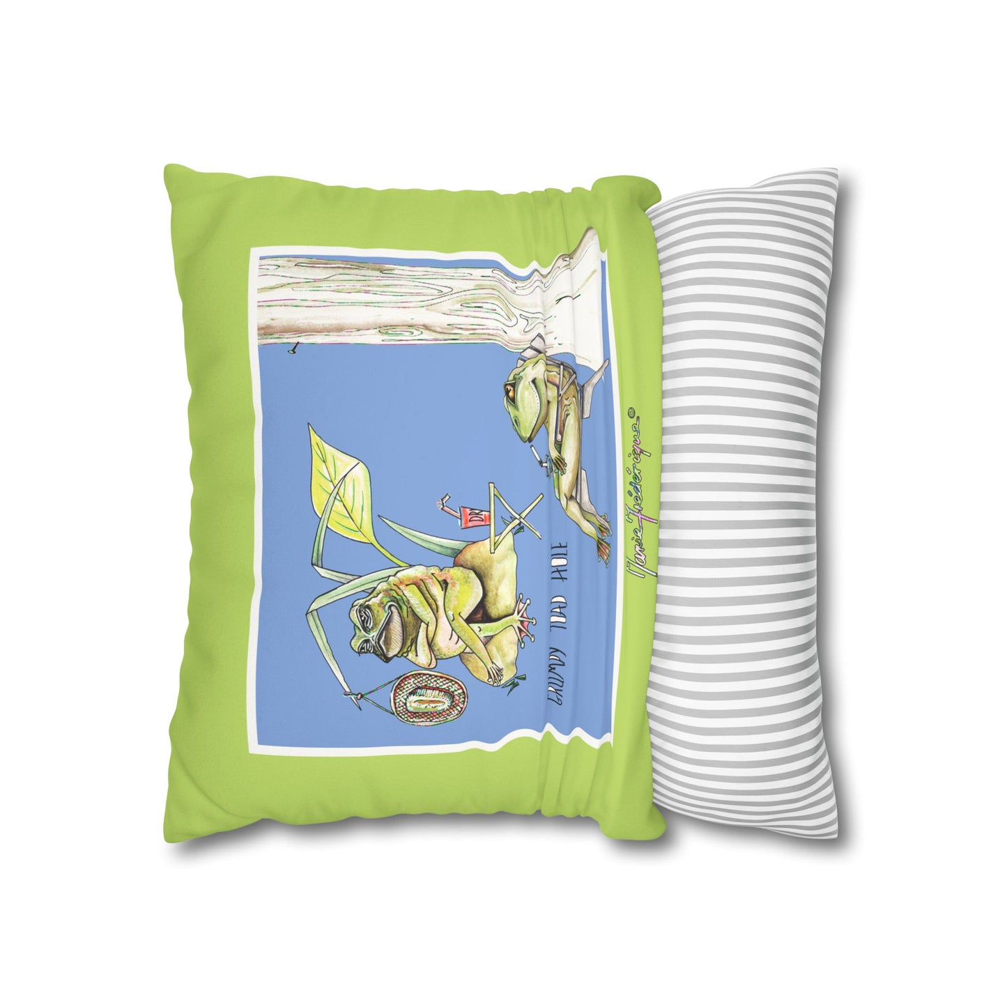 Grumpy Toad Hole - Frenchie Camping Square Pillowcase by artist Marie Frederique
