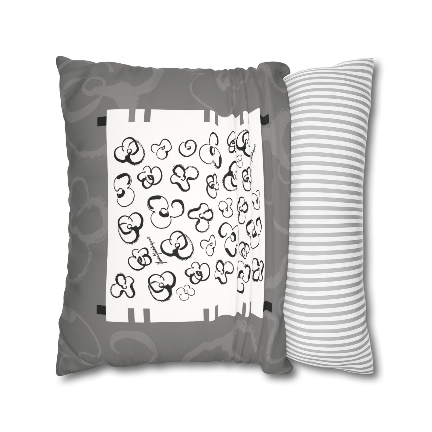 Black, White and Gray Floral Pop Art Faux Suede Pillowcase by artist Marie Frederique