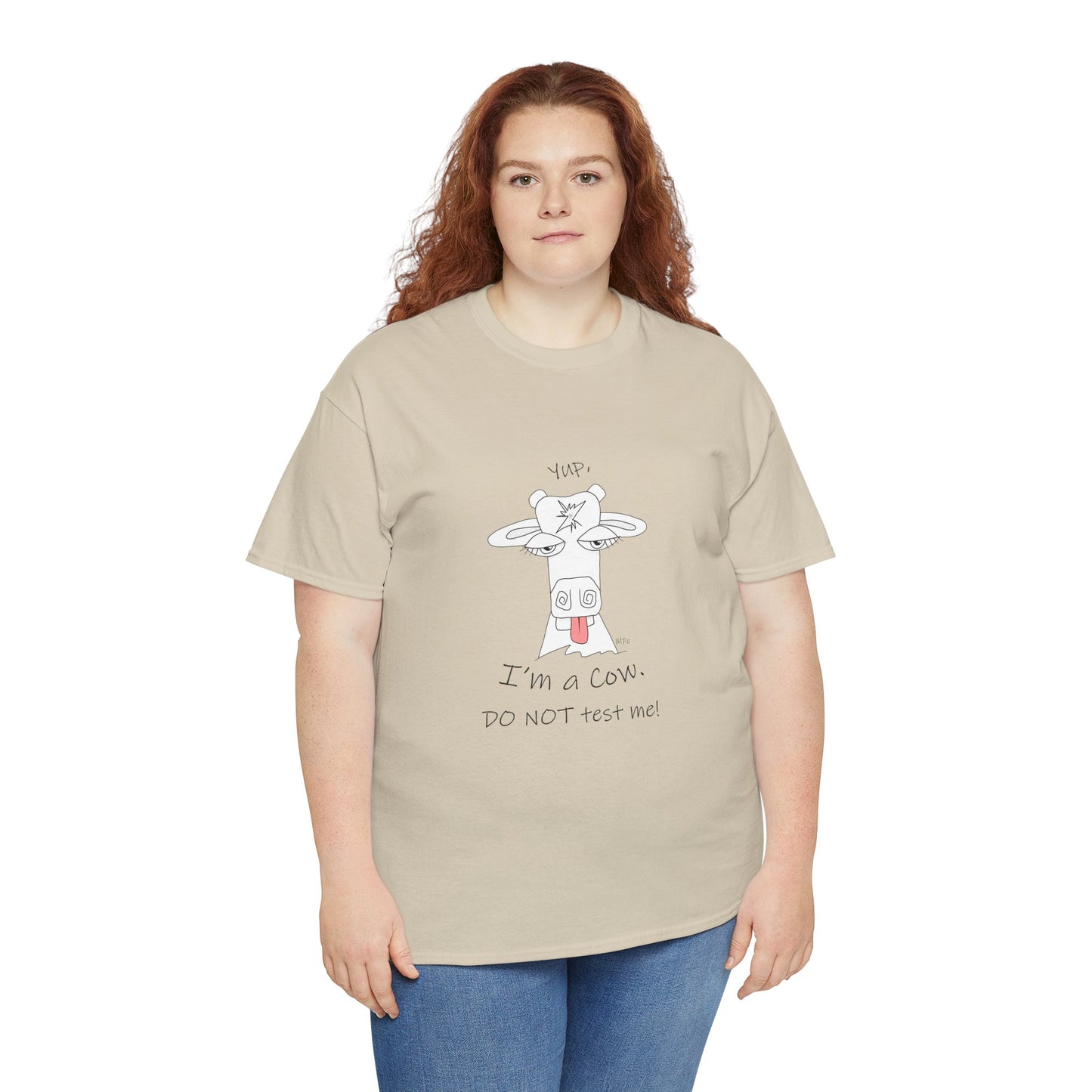 Cow lovers, "YES, I'm a Cow. DO NOT test me." Unisex Heavy Cotton Tee by artist Marie Frederique