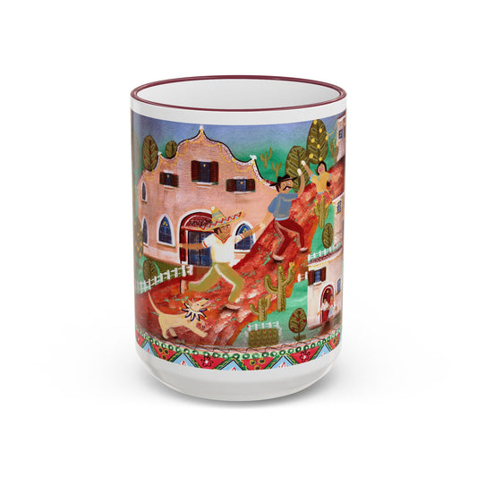 Colorful Folk Art Rim-Handle Mug — Vibrant Village Scene (11oz, 15oz) by artist Marie Frederique