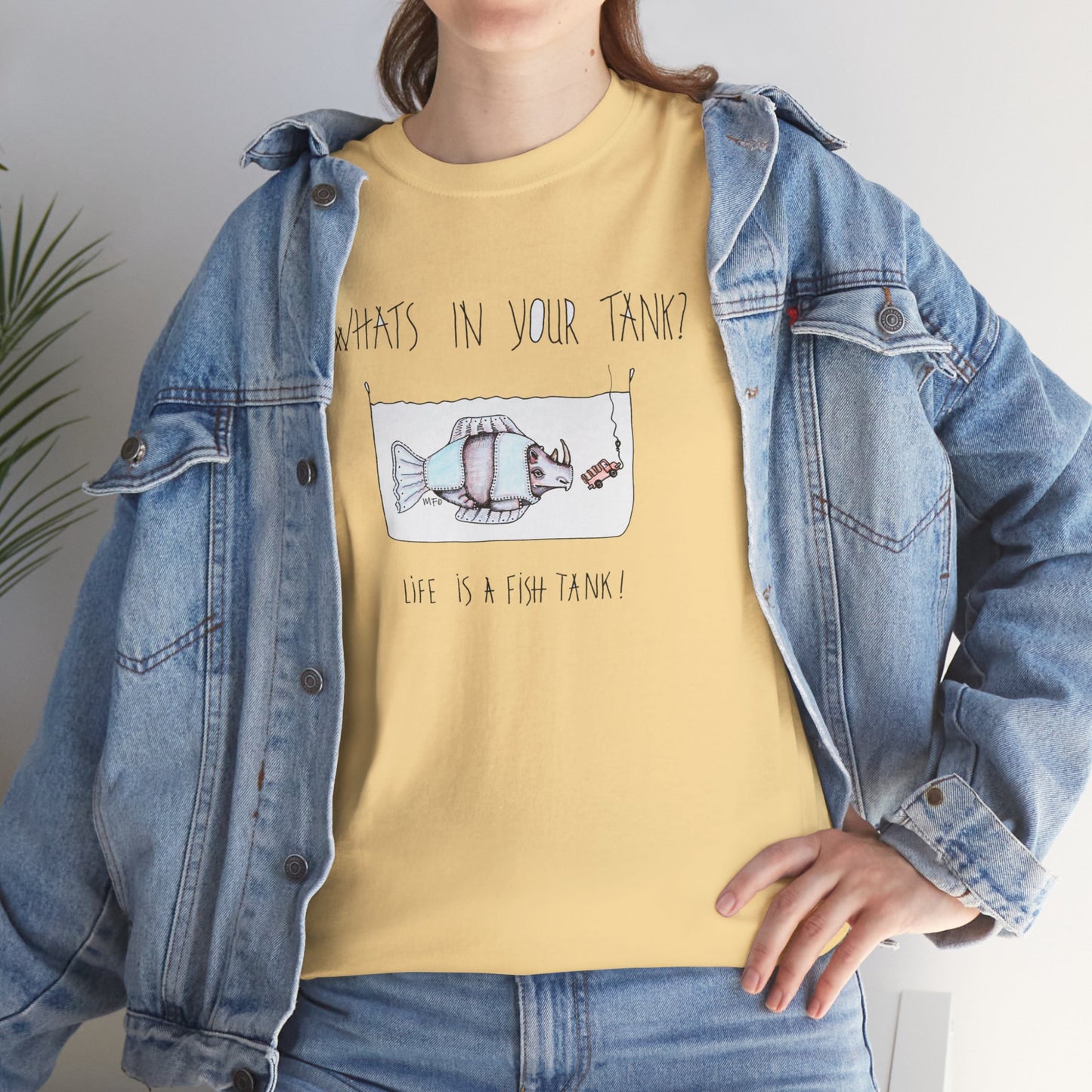 Life is a Fish Tank Collection, "What's in your tank?  Rhino Fish with dangling bait/vehicle on a hook. Unisex Heavy Cotton Tee by artist Marie Frederique