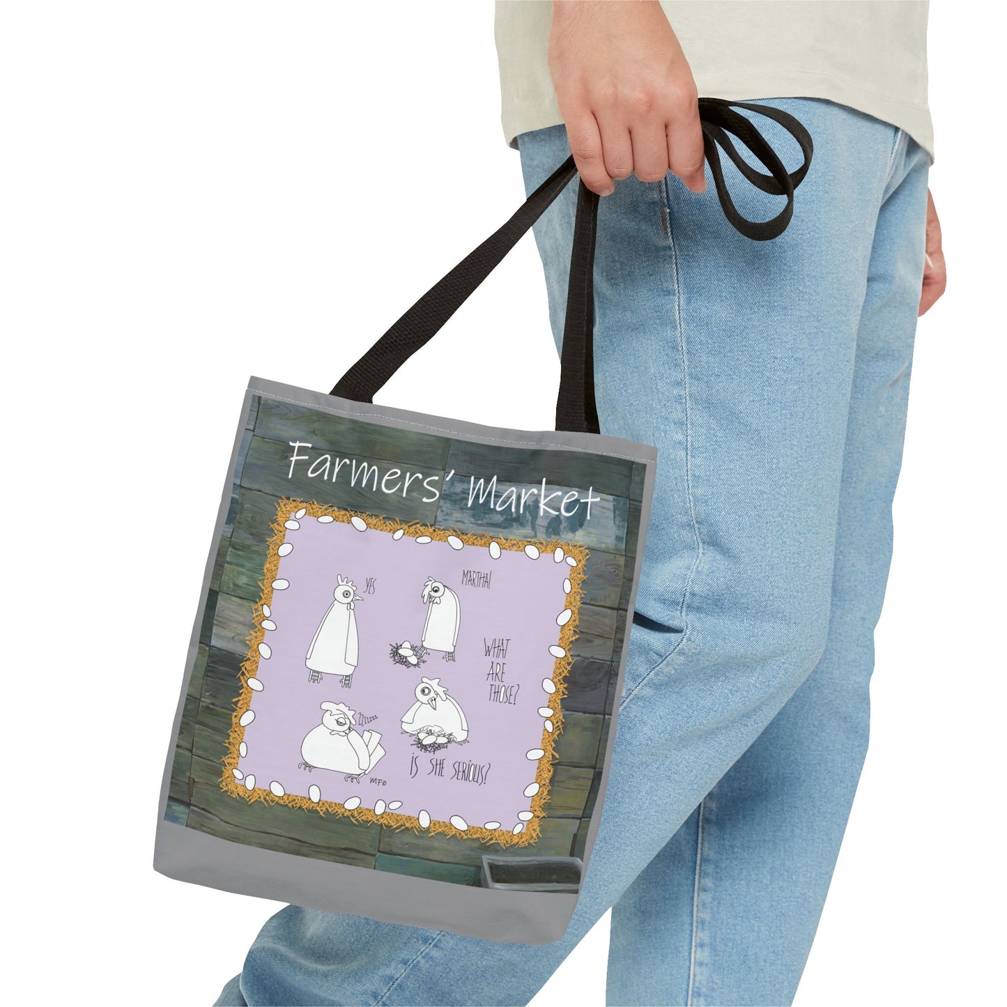 Farmers' Market Funny Chicken Tote Bag - Quirky Design with Chickens & Humor by artist Marie Frederique