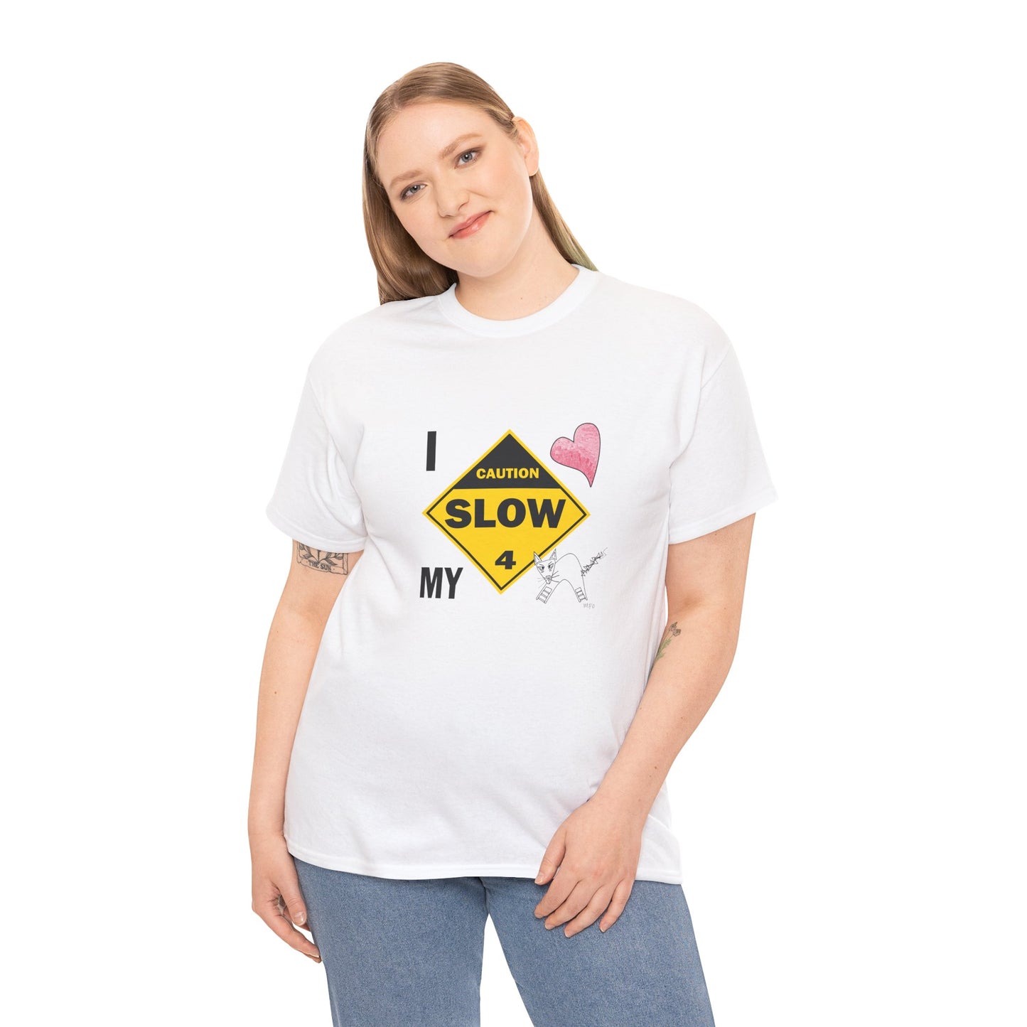 Slow, Caution - I love my cat, Tee Unisex Heavy Cotton Tee by artist Marie Frederique