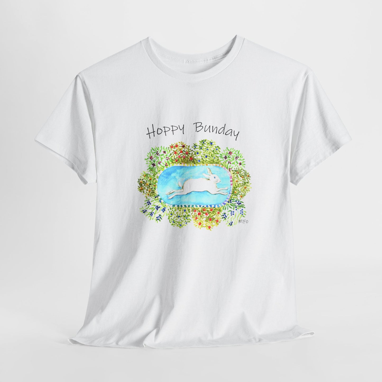 Hoppy Bunday Unisex Heavy Cotton Tee - Fun Spring T-Shirt for Bunny Lovers by artist Marie Frederique