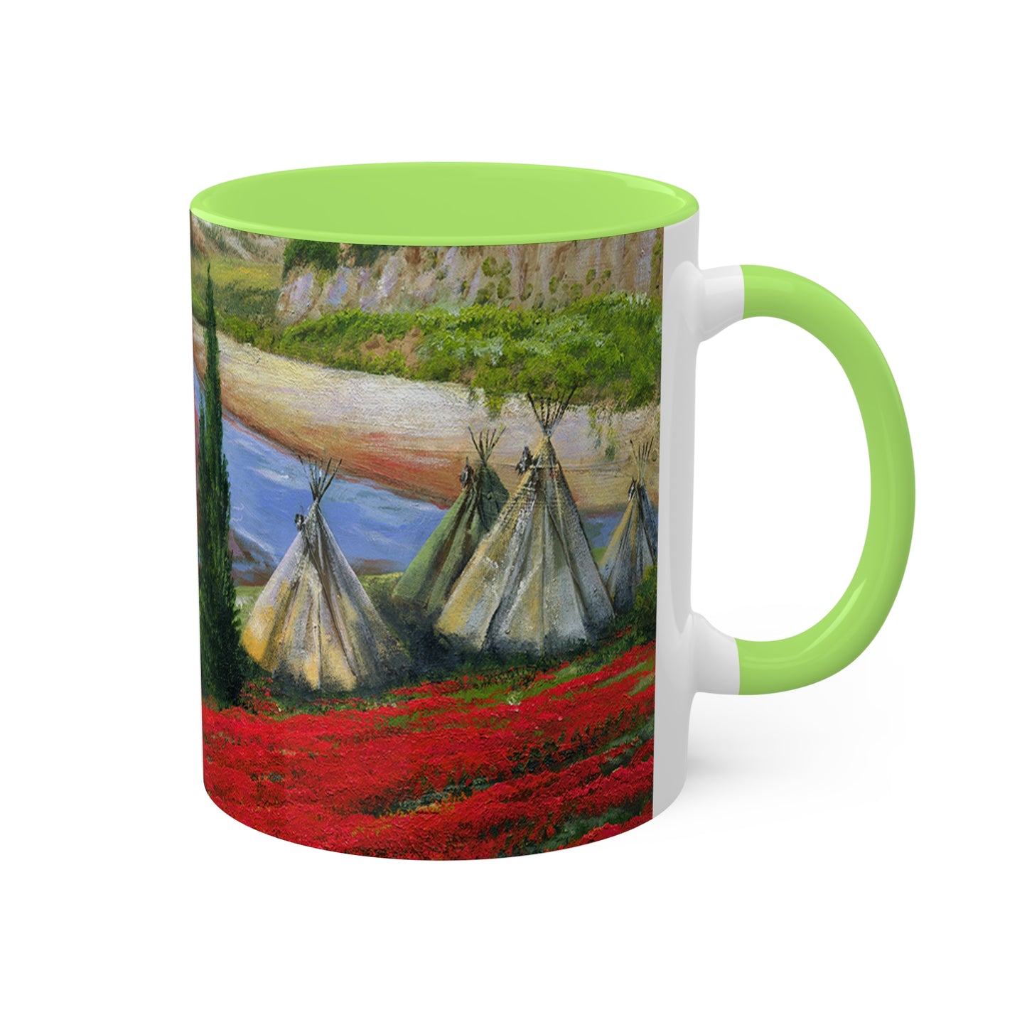 Indian Summer teepees and Poppies with a backdrop of canyons in 4 colors, red, black, yellow and light green - Colorful Mug, 11oz By Artist Marie Frederique