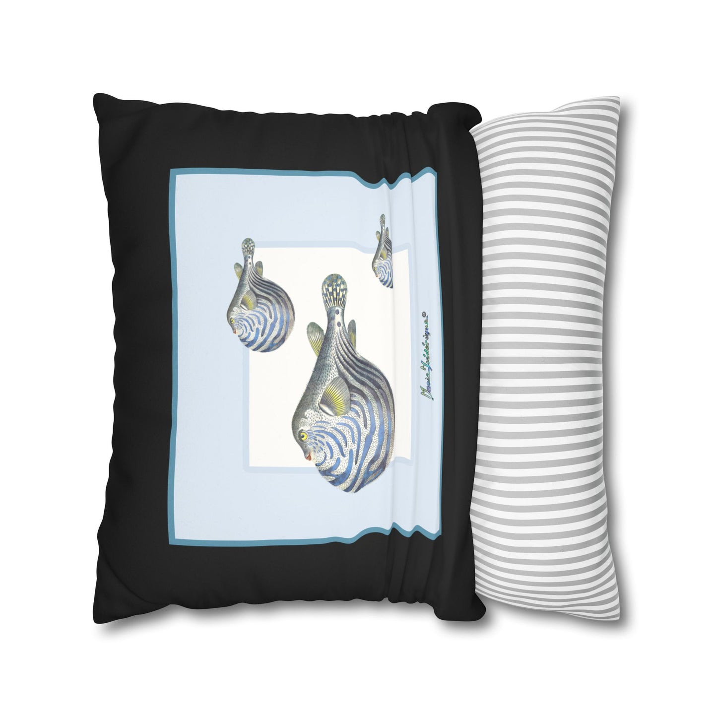 Blowfish Art Pillowcase - Faux Suede Square Decorative Throw Pillow by artist Marie Frederique