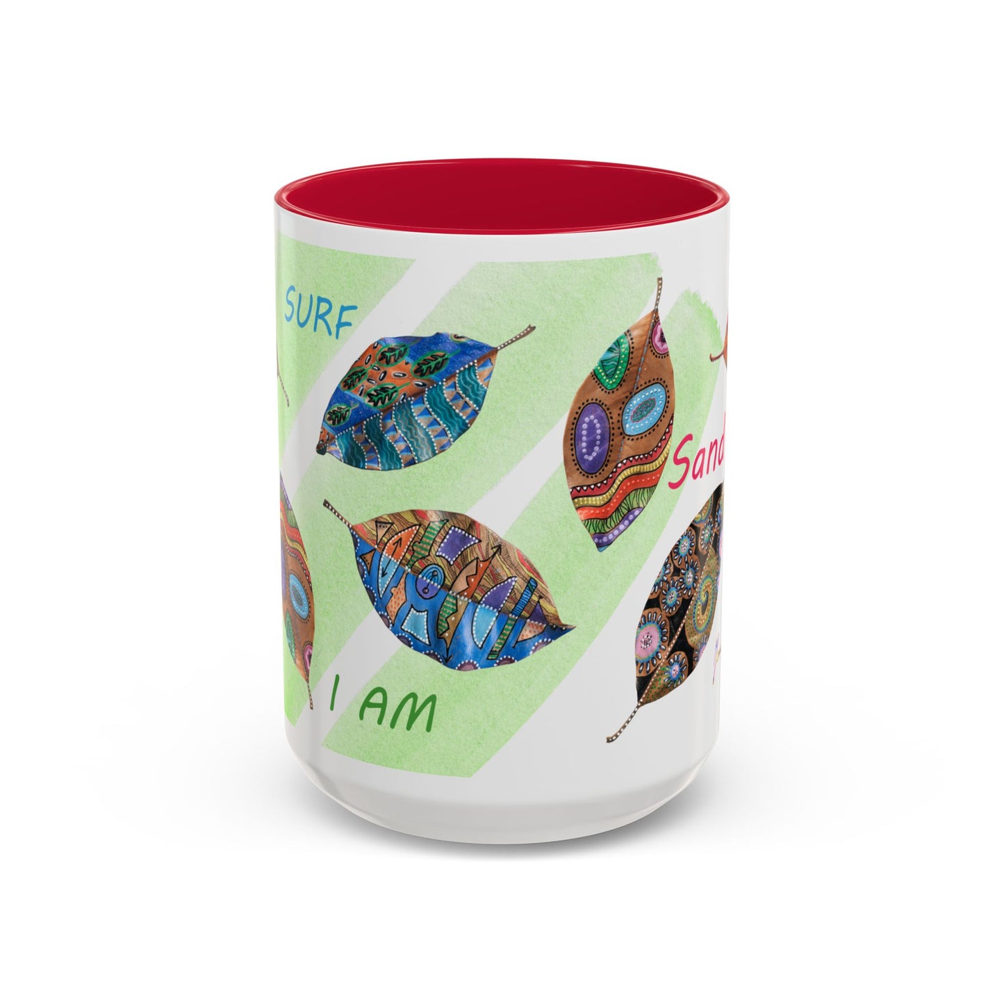 Surf, Sand and Sun multicolored painted leaves - Colorful Mug by Artist Marie Frederique