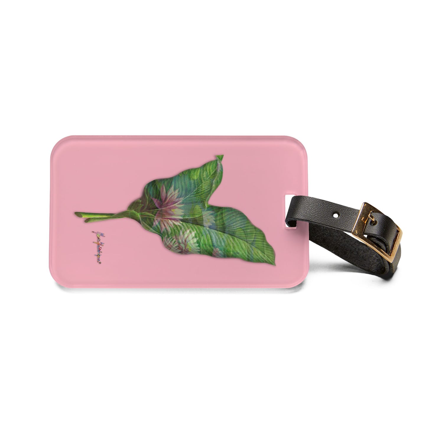 Luggage Tag with leather strap, Pink Lotus flower on a pink background by artist Marie Frederique