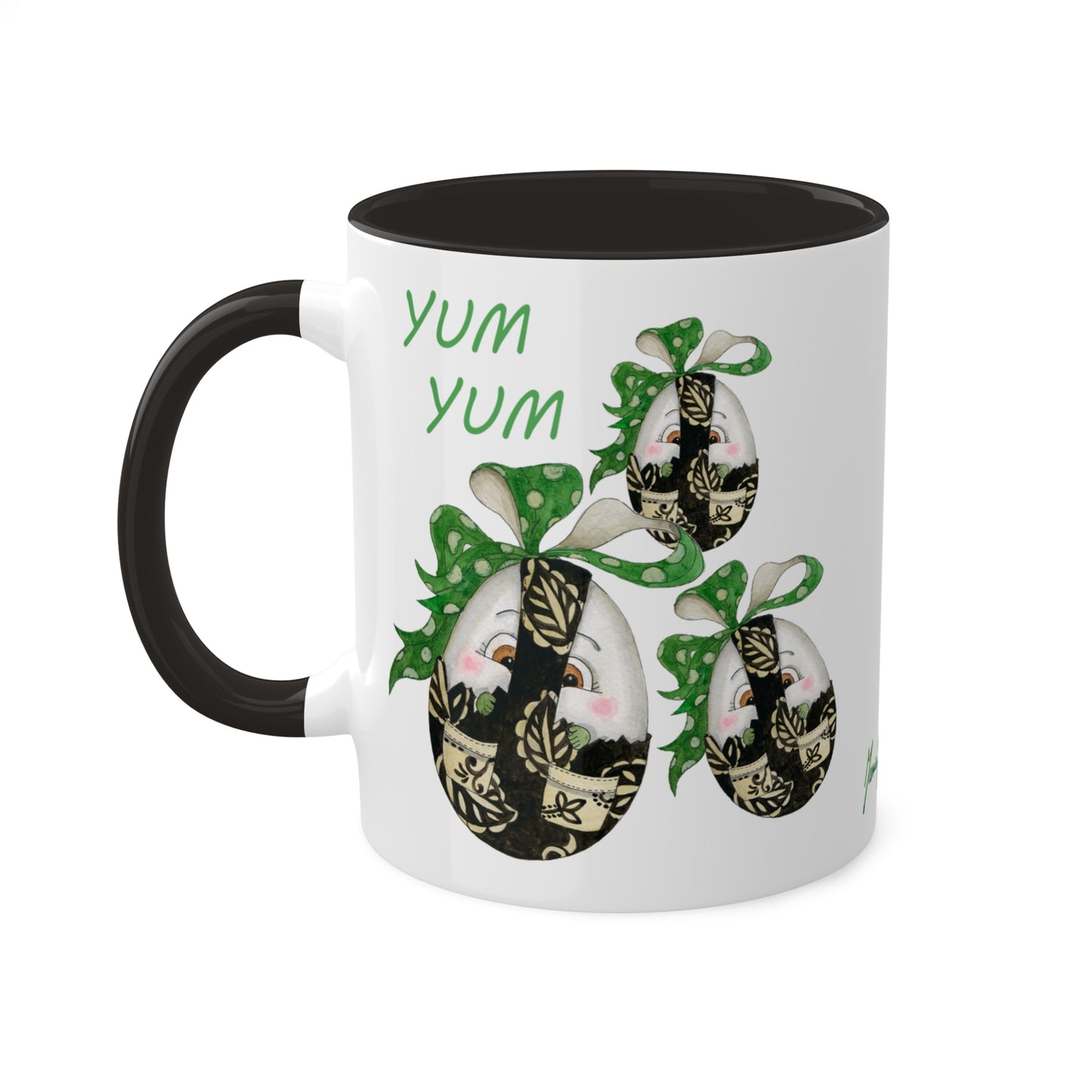 Whimsical Egg Wrap 4 "Yum Yum", Colorful Mug in black, red or light green, 11oz by Artist Marie Frederique