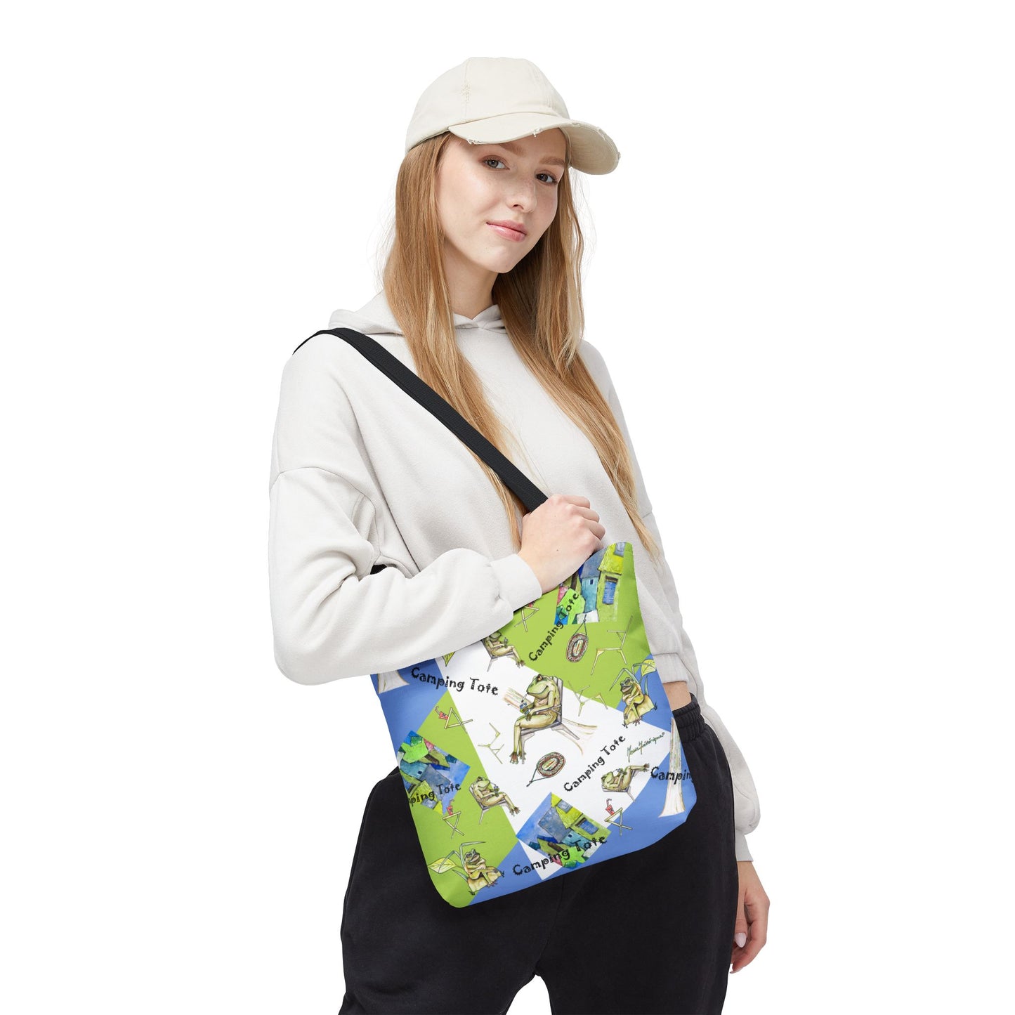 Camp Frog Adventure Tote Bag by artist Marie Frederique