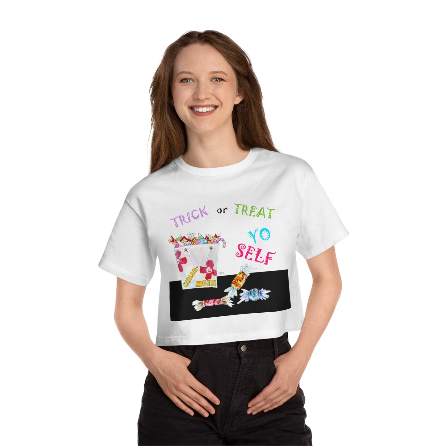 Halloween, "Trick or Treat Yo Self" - Champion Women's Heritage Cropped T-Shirt by artist Marie Frederique