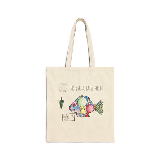 Canvas Tote Bag - Festive Fishing& Game Permit Design by artist Marie Frederique