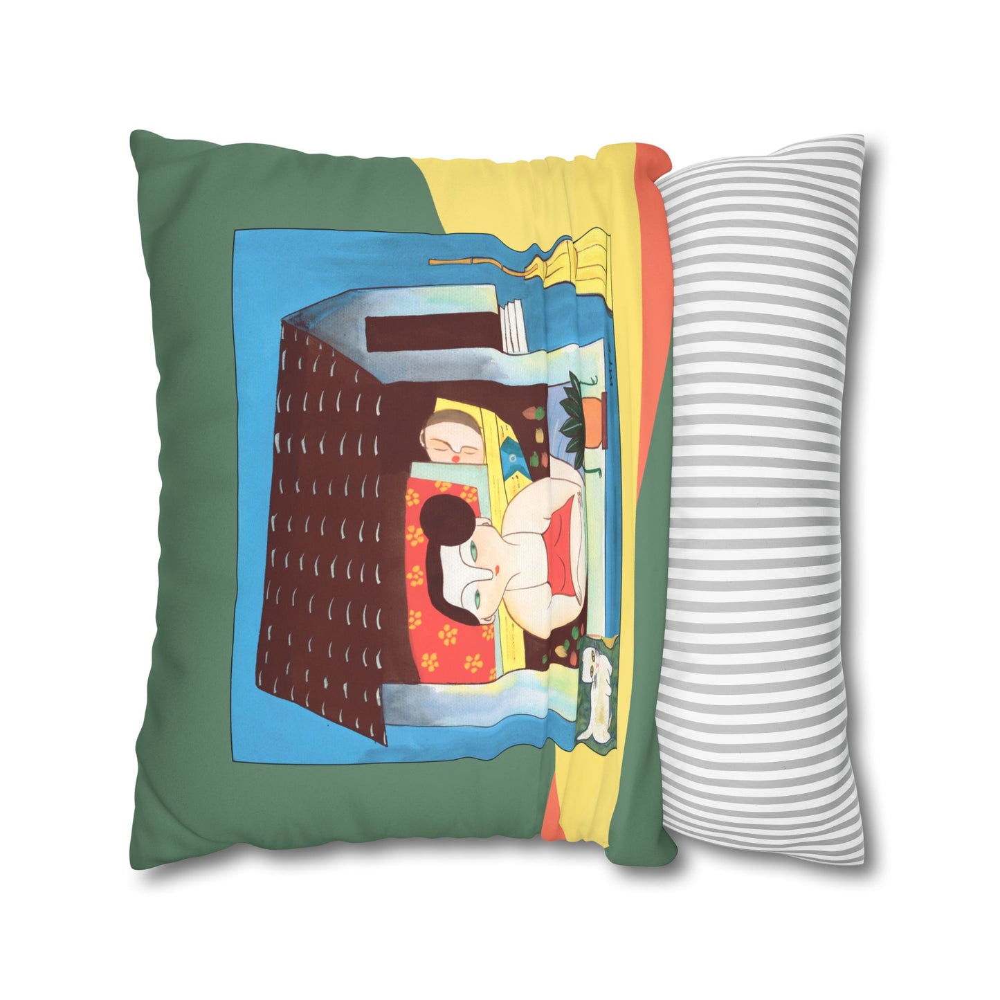 Village scenes, Faux Suede Pillowcase — Colorful Retro Home Decor by artist Marie Frederique