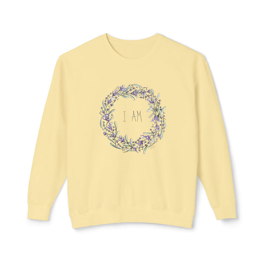 Lavender Wreath, with the words "I AM" in its center - Unisex Lightweight Crewneck Sweatshirt by Artist Marie Frederique