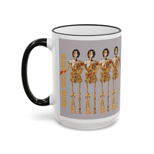 Retro Steampunk Figurine, Men and their Machines - Accent Rim Coffee Cup (11oz/15oz) by artist Marie Frederique