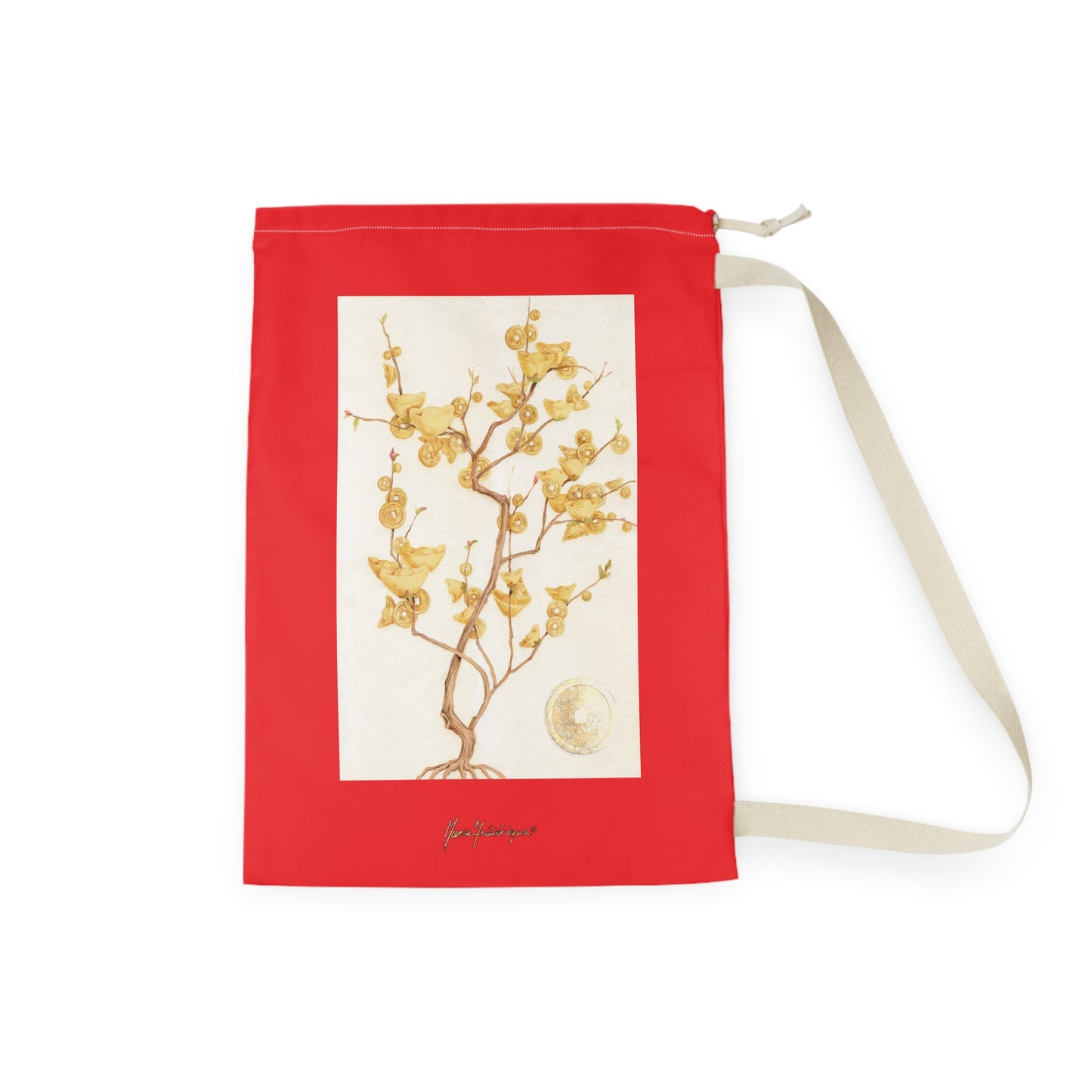 Floral Golden Money Tree Laundry Bag — Drawstring Laundry Sack by artist Marie Frederique