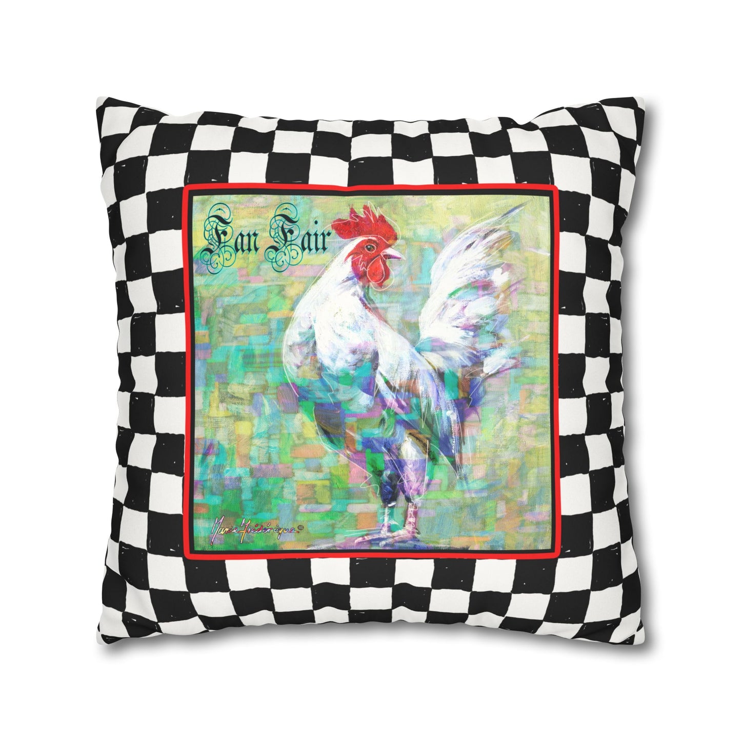 White Rooster Checkered Faux Suede Pillowcase - "Fan Fair" Farmhouse Accent Pillow Cover by artist Marie Frederique