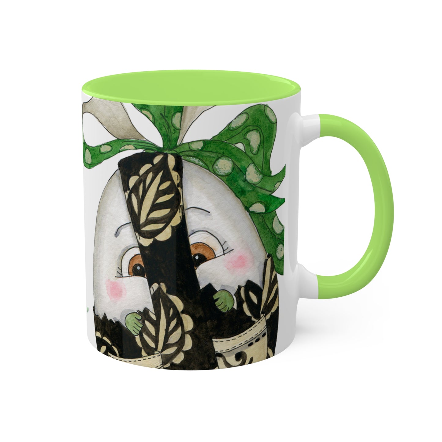 Whimsical Egg Wrap 4 "Yum Yum", Colorful Mug in black, red or light green, 11oz by Artist Marie Frederique