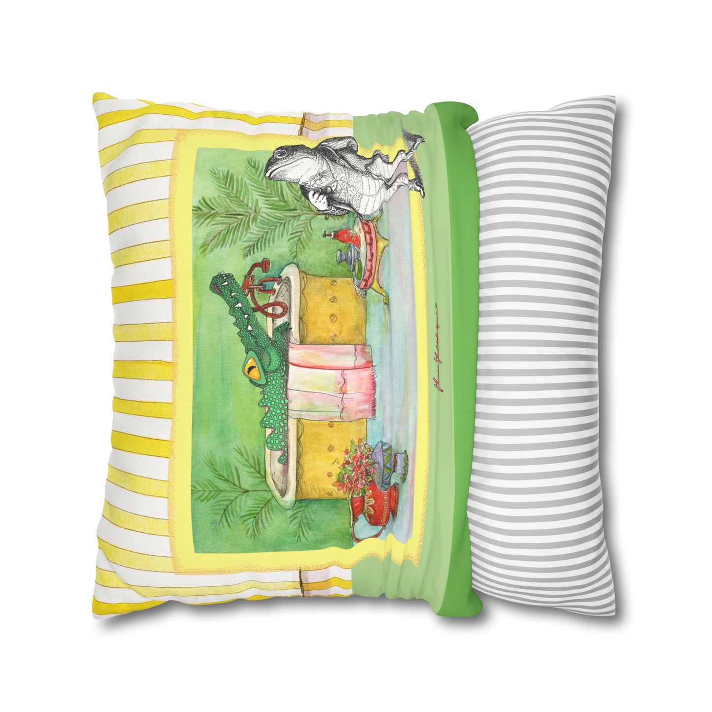 Alligator Bathtub Illustration Throw Pillowcase — Whimsical Bathroom Art Decor by artist Marie Frederique