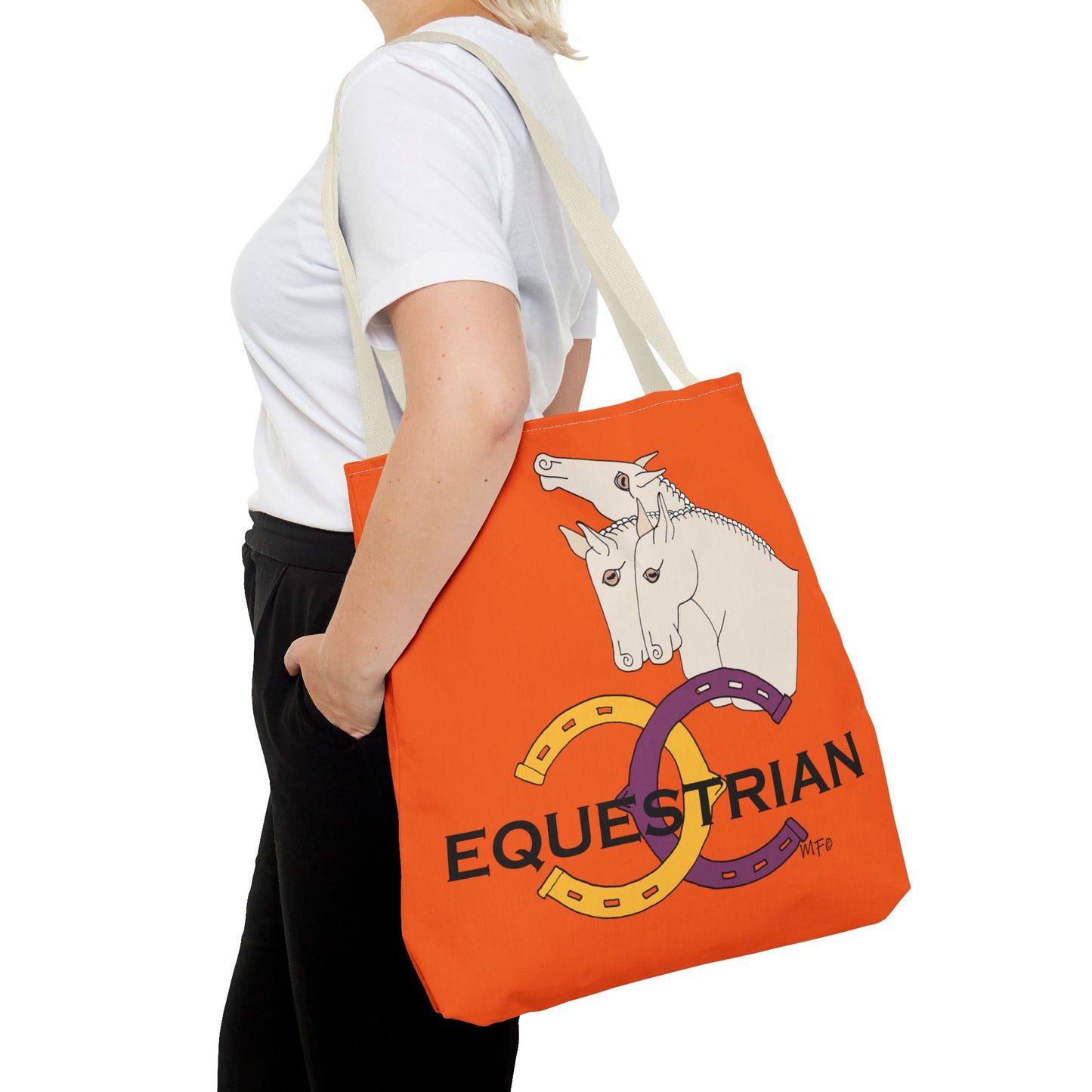 EQUESTRIAN CTS, Orange Tote Bag in 3 sizes and black or beige handles by artist Marie Frederique