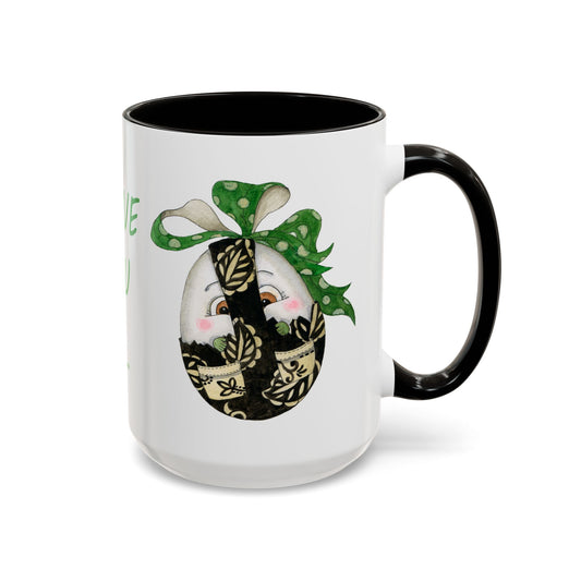 Whimsical Egg Wrap 1 "I Love You", Colorful Mug in black, red or light green, by Artist Marie Frederique