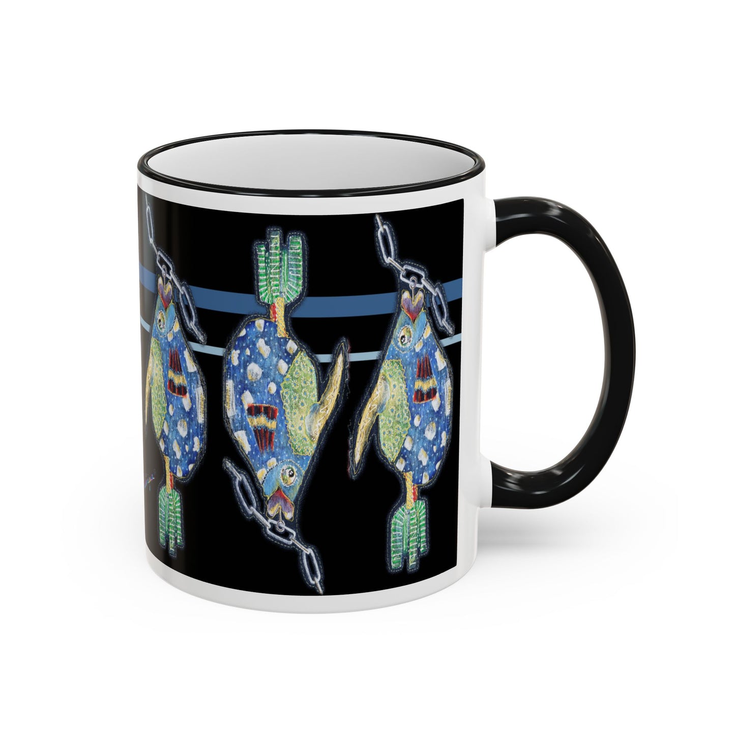 Fish on a Line Accent Rim Mug (11oz/15oz) by artist Marie Frederique