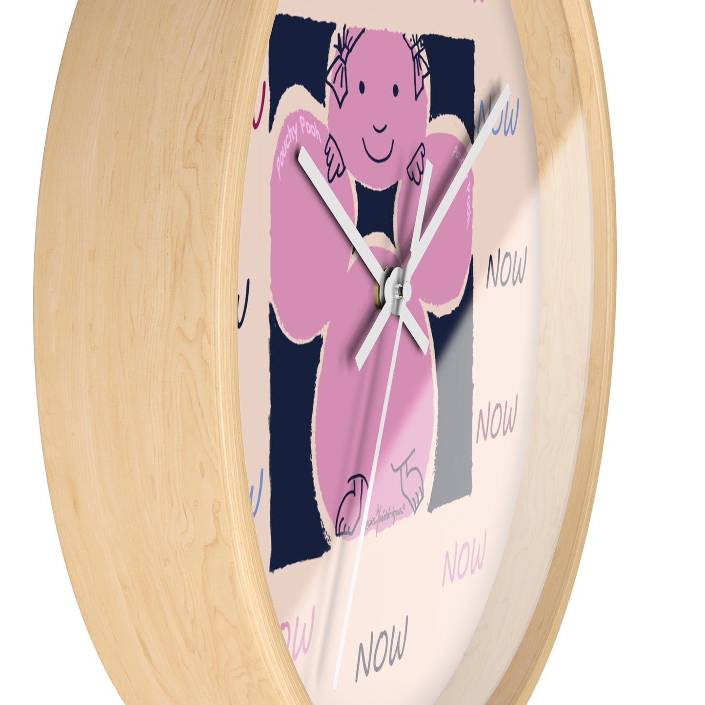 NOW - Wall Clock Pouchy Pooh (Pronounced Puchi Poo) in pink and navy by Artist Maria Frederique