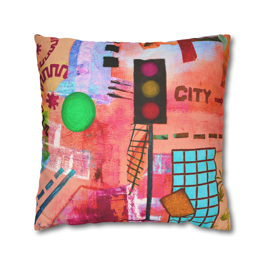 Urban City-Themed Faux Suede Pillowcase by artist Marie Frederique (Pillow not included)