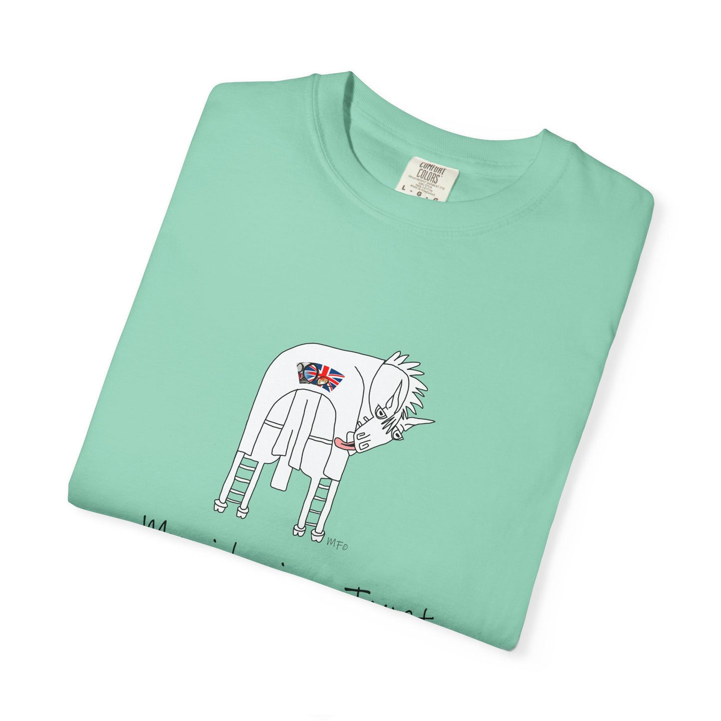 Equestrian British Humor Unisex Garment-Dyed T-Shirt - "My Rider is a Twat" by artist Marie Frederique