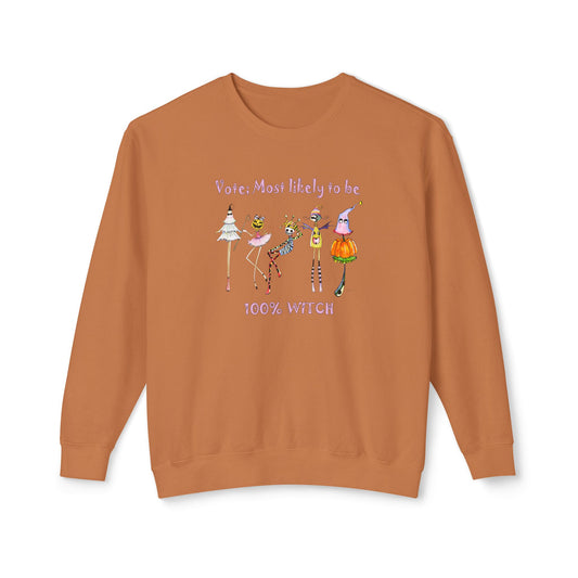 Halloween Vote; Most likely to be 100% WITCH, Lightweight Crewneck Sweatshirt by artist Marie Frederique